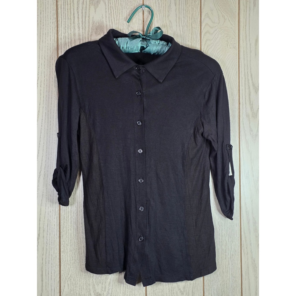 ANTHROPOLOGIE Pleione Womens Black Ribbed Side Button Front Roll Tab Sleeve Top